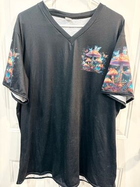 Men's Black V-Neck Tee with Colorful Mushroom Graphic